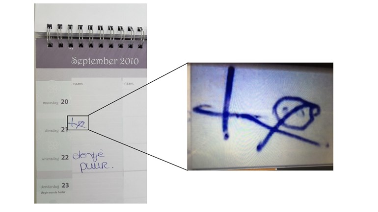 Agendapagina van september 2010 met bij dinsdag 21 een handgetekend symbool, rechts uitvergroot: een kruisachtig teken met een rondje en een schuine streep.