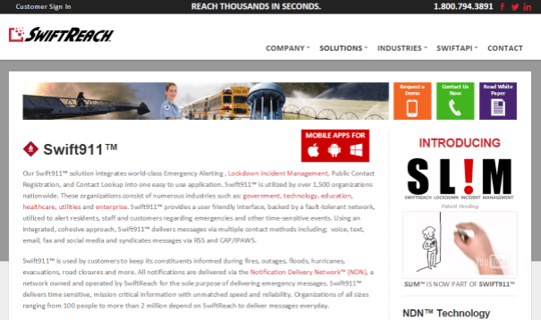 Schermafbeelding van de website van SwiftReach met de pagina over Swift911, met de slogan “Reach thousands in seconds”, een foto van hulpdiensten en een knop voor de mobiele apps.