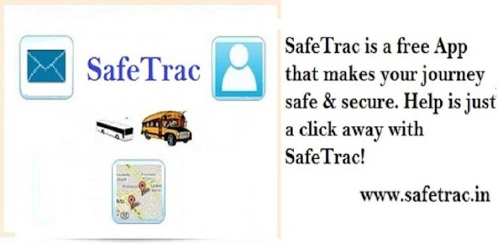 Promotiebeeld van de app SafeTrac met pictogrammen van een envelop, een persoon, bussen en een kaart, en de Engelse tekst dat SafeTrac een gratis app is voor een veilige reis.