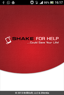 Rood openingsscherm van de app Shake for Help met het logo en de tekst “…Could Save Your Life!”.