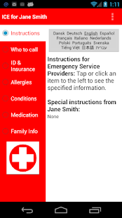 Schermafbeelding van de app ICE (In Case of Emergency) met een rood menu met onder meer instructies, wie te bellen, allergieën, aandoeningen en medicatie, en een keuze uit talen.