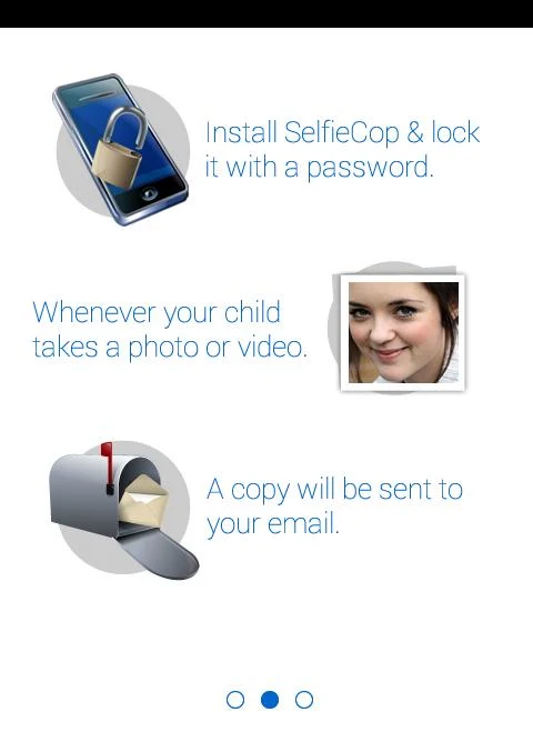 Schermafbeelding van de uitleg in SelfieCop in drie stappen: installeer de app en vergrendel hem met een wachtwoord, je kind maakt een foto of video, en er gaat een kopie naar je e-mail.