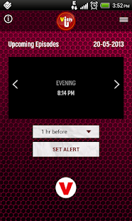 Scherm “Upcoming Episodes” van de VithU-app met een tijdstip van een komende aflevering en een knop om een herinnering in te stellen.