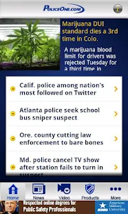 Schermafbeelding van de PoliceOne-app met een lijst nieuwsberichten over Amerikaanse politie, zoals een bericht over Californische politie op Twitter.