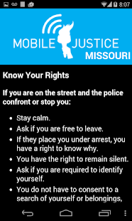 Scherm “Know Your Rights” van de app, met Engelstalige tips als kalm blijven, vragen of je mag gaan en je recht om te zwijgen.