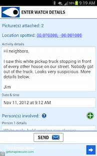 Scherm “Enter watch details” met een voorbeeldmelding aan de buren over een witte pick-up die bij elk huis in de straat stopte, met datum, tijd en een knop Send.