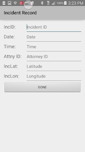 Formulier “Incident Record” in DueyDialer met velden voor incident-ID, datum, tijd, ID van de advocaat en de coördinaten van de aanhouding.