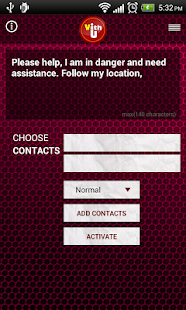 Scherm van de VithU-app met het Engelstalige noodbericht “Please help, I am in danger and need assistance. Follow my location”, velden voor contactpersonen en de knoppen Add contacts en Activate.