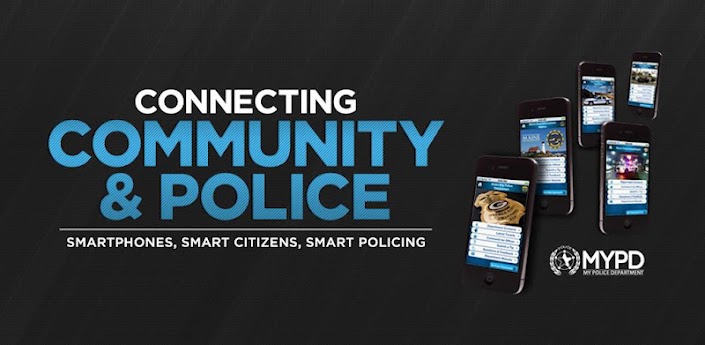 Promotiebeeld van de app MyPD (My Police Department) met de tekst “Connecting Community & Police” en enkele smartphones met de app.