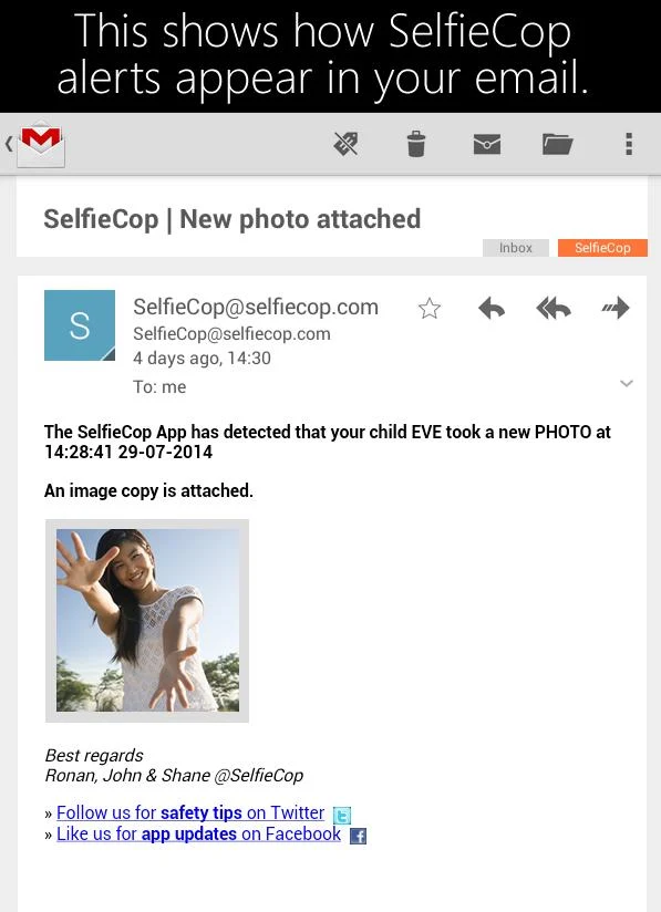 Voorbeeld van een e-mailwaarschuwing van SelfieCop met de melding dat een kind een nieuwe foto heeft gemaakt, met de foto van een lachend meisje als bijlage.