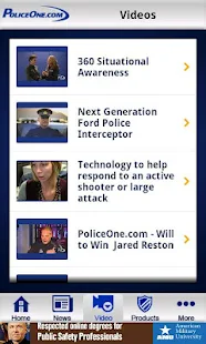 Schermafbeelding van het videotabblad van de PoliceOne-app met video’s zoals “360 Situational Awareness” en “Next Generation Ford Police Interceptor”.