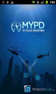 Startscherm van de app MyPD (My Police Department) met het logo, silhouetten van helikopters met zoeklichten boven een stad en het logo van WiredBlue.