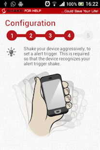 Configuratiescherm van Shake for Help, stap 4, met een tekening van een hand die een telefoon schudt en de instructie om het toestel krachtig te schudden om een alarm in te stellen.