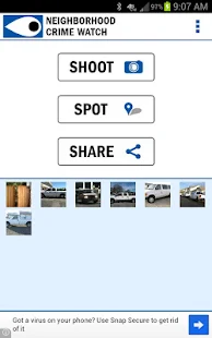 Startscherm van de app Neighborhood Crime Watch met drie knoppen, Shoot, Spot en Share, en daaronder een rij gemaakte foto’s van auto’s en een deur.