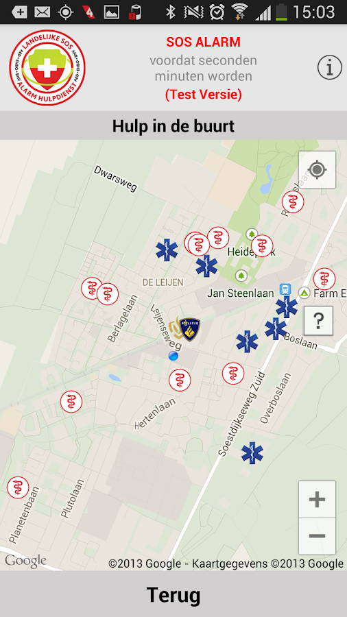 Schermafbeelding van “Hulp in de buurt” in de app SOS Alarm: een kaart met symbolen van hulpverleners en een politielogo in de omgeving.