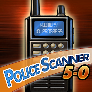 App-icoon van Police Scanner 5-0: een portofoon met op het scherm de tekst “Robbery in progress”.