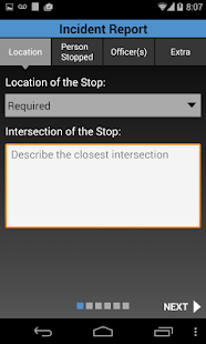 Scherm “Incident Report” van de app met tabbladen Location, Person Stopped en Officer(s) en velden voor de locatie en de dichtstbijzijnde kruising.