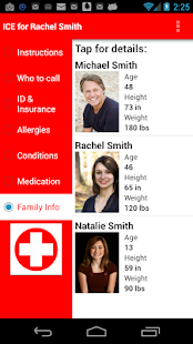 Schermafbeelding van de app ICE met het onderdeel “Family Info”: voorbeeldprofielen van drie gezinsleden met foto, leeftijd, lengte en gewicht.