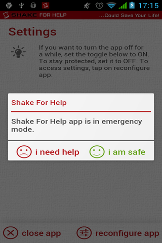 Scherm van Shake for Help met de melding dat de app in noodmodus staat en de keuzeknoppen “i need help” en “i am safe”.