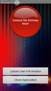 Schermafbeelding van DueyDialer met een rode knop “Contact My Attorney Now!” en knoppen om gebruikersgegevens bij te werken of de app te sluiten.
