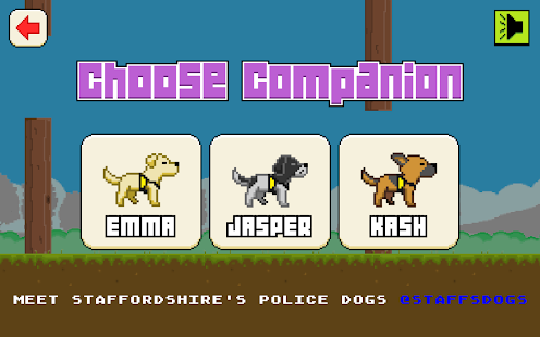 Schermafbeelding uit de app Kash Dash in pixelstijl: het scherm “Choose Companion” met de drie politiehonden Emma, Jasper en Kash, en de tekst “Meet Staffordshire’s police dogs @StaffsDogs”.
