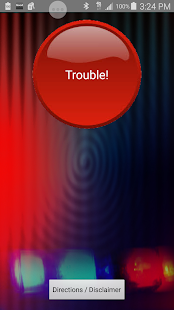 Schermafbeelding van de app DueyDialer met een grote rode knop met de tekst “Trouble!” en daaronder een knop “Directions / Disclaimer”.