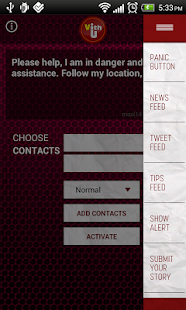 Hetzelfde scherm van de VithU-app met een opengeklapt menu met onder meer Panic button, News feed, Tweet feed, Tips feed, Show alert en Submit your story.