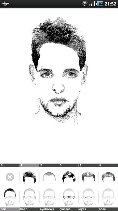 Schermafbeelding van FlashFace op een Android-telefoon: een getekend mannengezicht met stoppelbaard, met onderin keuzebalken voor haar, hoofd, wenkbrauwen, bril, ogen en neus.