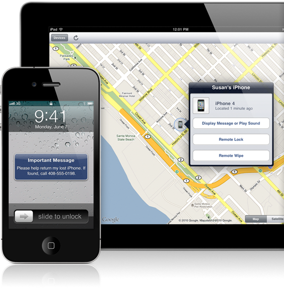 Een iPhone en een iPad met Find My iPhone: op de iPad een kaart met de locatie van “Susan’s iPhone” en knoppen voor een bericht, op afstand vergrendelen en wissen; op de iPhone een melding met het verzoek de verloren telefoon terug te brengen.