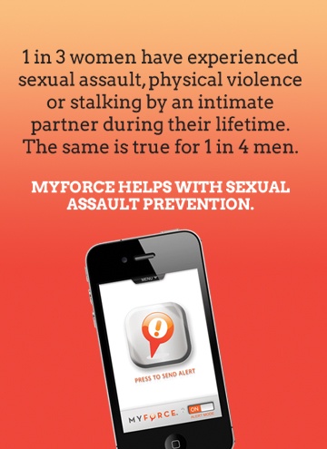 Advertentie van MyForce met een smartphone met de knop “Press to send alert” en de tekst dat 1 op de 3 vrouwen en 1 op de 4 mannen te maken krijgt met seksueel geweld, fysiek geweld of stalking door een partner.