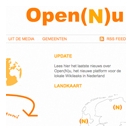 Kleine schermafbeelding van de website Open(N)u met het oranje logo, menu-items en de kopjes Update en Landkaart.