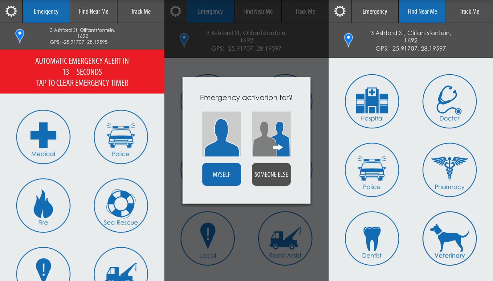 Drie schermen van de MySOS-app: knoppen voor noodhulp zoals Medical, Police, Fire en Sea Rescue met een aftellende automatische noodmelding, een keuzevenster ‘Myself’ of ‘Someone else’, en het onderdeel ‘Find Near Me’ met ziekenhuis, dokter, politie, apotheek, tandarts en dierenarts.