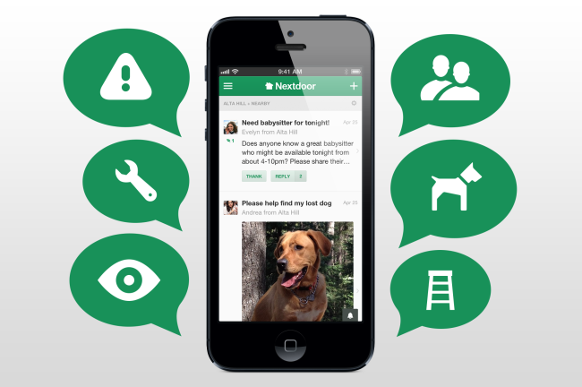 Smartphone met de Nextdoor-app waarin buren vragen om een oppas en hulp zoeken bij een vermiste hond, omringd door groene tekstballonnen met pictogrammen zoals een uitroepteken, een sleutel, een oog, mensen, een hond en een ladder.
