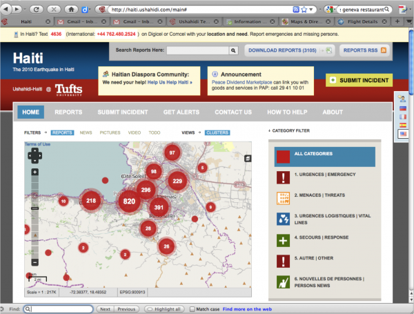 Schermafbeelding van de Ushahidi-website over de aardbeving in Haïti in 2010, met een kaart van Port-au-Prince vol rode cirkels die het aantal meldingen per gebied tonen en een lijst met categorieën als noodgevallen en bedreigingen.