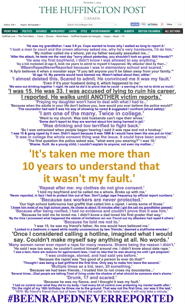 Pagina van The Huffington Post Canada van 1 november 2014 met tientallen Engelstalige citaten van slachtoffers en onderaan de hashtag #BeenRapedNeverReported in grote letters.
