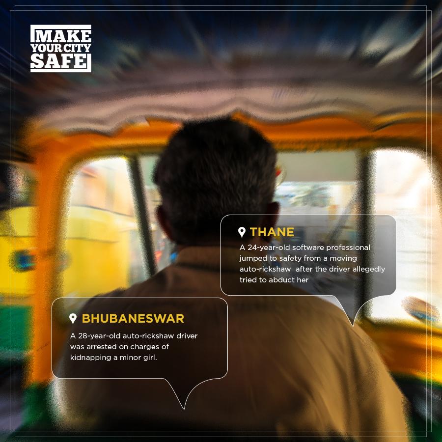 Campagnebeeld “Make your city safe” met een bestuurder van een autoriksja van achteren gezien, en tekstballonnen over incidenten met riksjachauffeurs in Thane en Bhubaneswar.