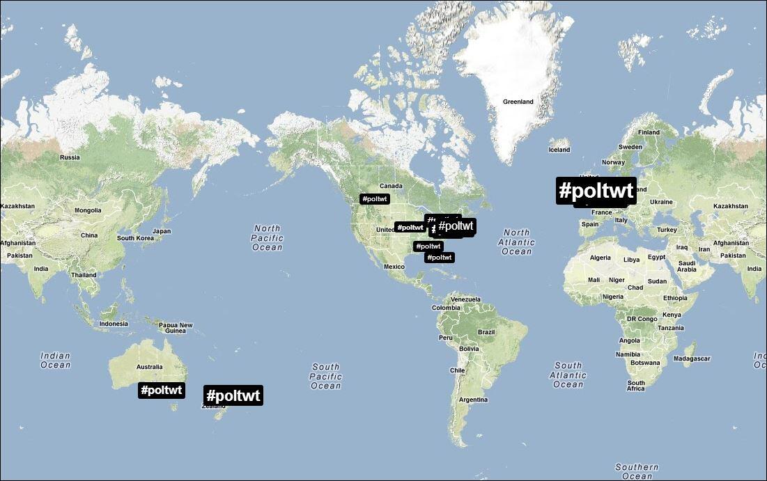 Wereldkaart met labels van de hashtag #poltwt boven onder meer Noord-Amerika, West-Europa, Australië en Nieuw-Zeeland.