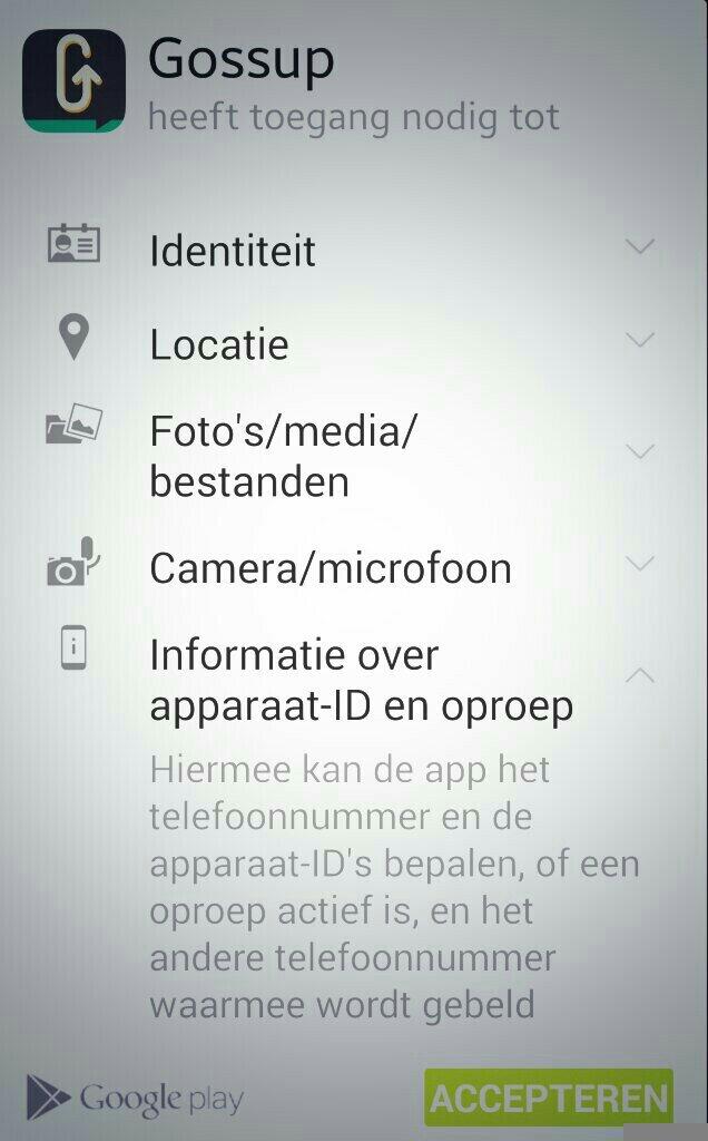 Installatiescherm in Google Play waarin Gossup toegang vraagt tot identiteit, locatie, foto’s en bestanden, camera en microfoon, en informatie over apparaat-ID en oproepen, waaronder het telefoonnummer.