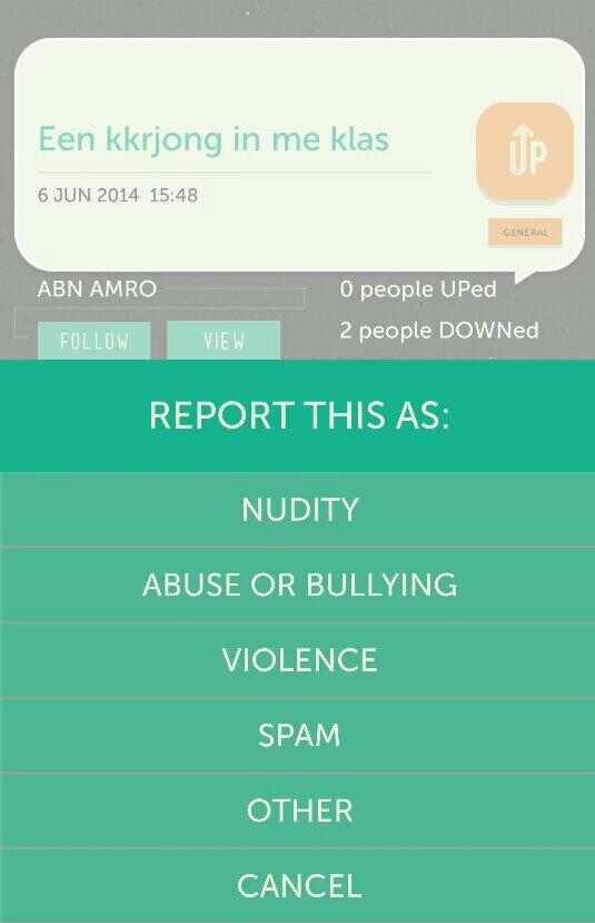 Scherm van de Gossup-app met een anoniem bericht over een jongen in de klas en daaronder het menu “Report this as:” met de opties nudity, abuse or bullying, violence, spam en other.