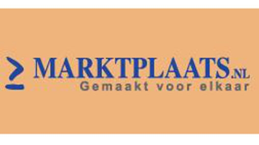 Logo van Marktplaats.nl in blauwe letters met de slogan “Gemaakt voor elkaar” op een oranje achtergrond.