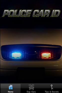 Startscherm van de app Police Car ID met de naam bovenaan, een close-up van blauwe en rode zwaailichten achter de grille van een auto en tabbladen Home, Cop Cars en Tips & Secrets.