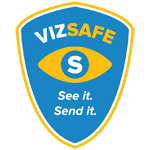 Logo van VizSAFE: een blauw schild met een geel oog met de letter S en de tekst “See it. Send it.”