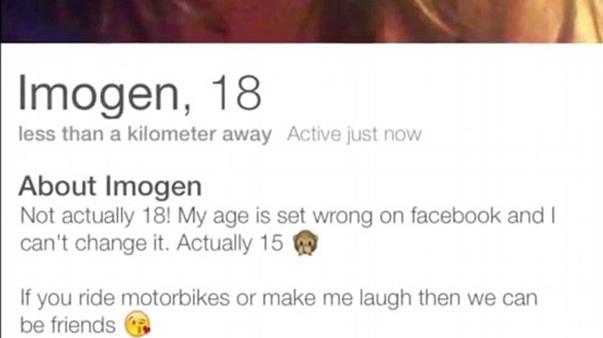 Uitsnede van een Tinderprofiel van een zogenaamd 18-jarig meisje, met de tekst dat haar leeftijd verkeerd op Facebook staat en dat ze eigenlijk 15 is.