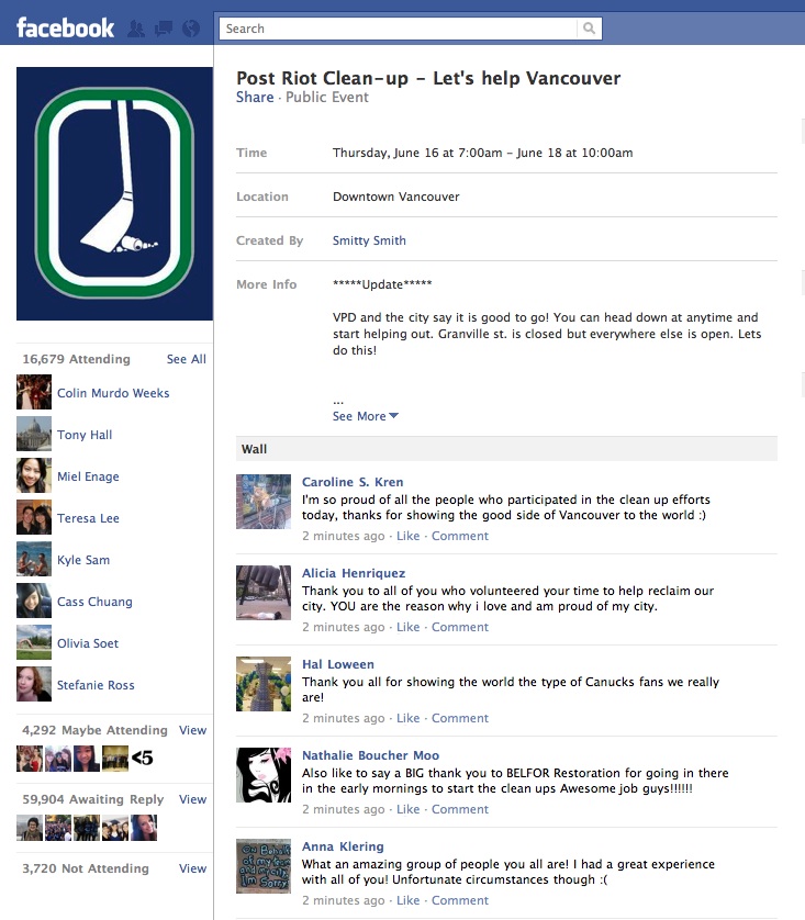 Schermafbeelding van het Facebook-evenement “Post Riot Clean-up – Let’s help Vancouver” met 16.679 aanwezigen en berichten waarin mensen de vrijwilligers bedanken.