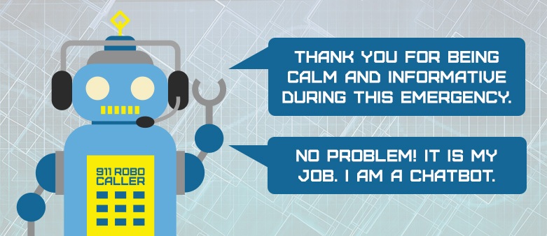 Illustratie van een blauwe robot met headset en het opschrift “911 Robo Caller”, met twee tekstballonnen: “Thank you for being calm and informative during this emergency.” en “No problem! It is my job. I am a chatbot.”