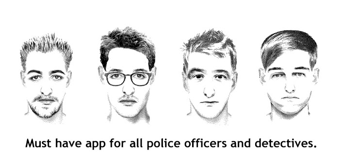 Vier getekende mannengezichten met verschillende kapsels, één met een bril, met eronder de tekst “Must have app for all police officers and detectives.”