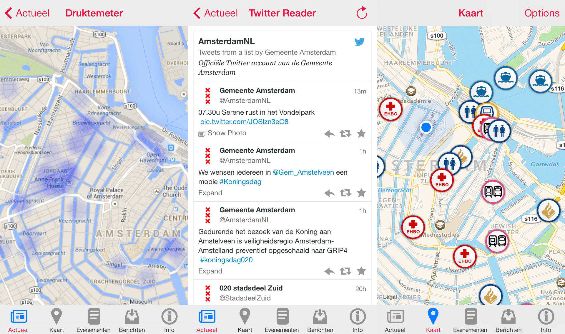 Drie schermen van een Amsterdamse evenementenapp: een druktemeter met paarse vlekken op de kaart van de binnenstad, een Twitter Reader met tweets van Gemeente Amsterdam over Koningsdag, en een kaart met EHBO-posten, toiletten en andere voorzieningen.
