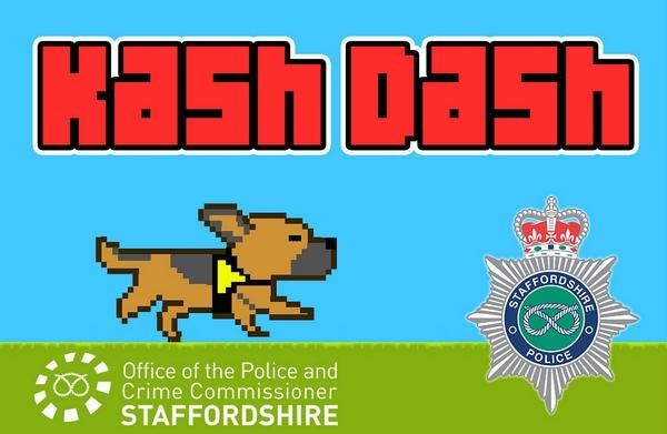 Logo van de game Kash Dash met een gepixelde politiehond, het embleem van de Staffordshire Police en het logo van de Office of the Police and Crime Commissioner Staffordshire.