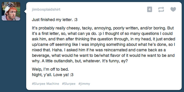 Tumblr-bericht van het account “jimbosplaidshirt” over een eerste brief aan Holmes, met de vraag als welk drankje hij gereïncarneerd zou willen worden.