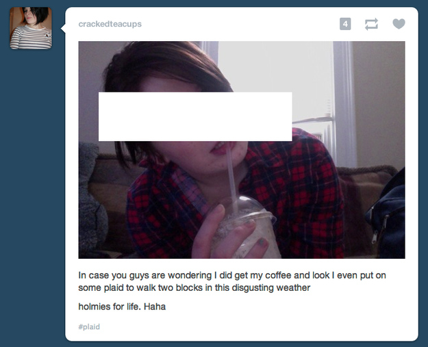 Tumblr-bericht van een jonge vrouw met afgeschermd gezicht in een geruit overhemd die door een rietje drinkt, met de tekst “holmies for life. Haha”.